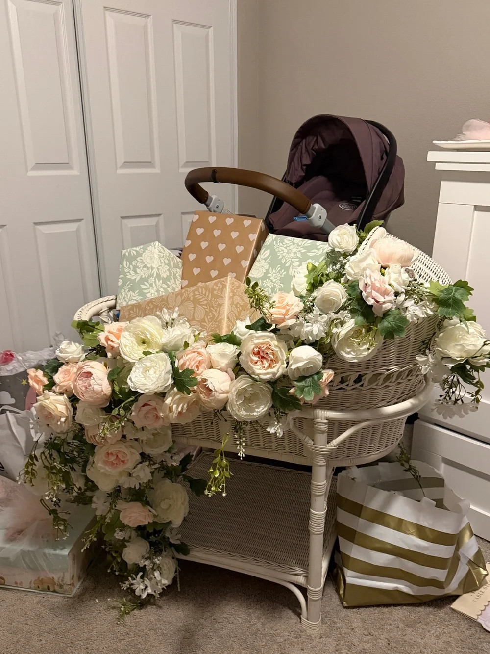 baby shower bassinet Pink Floral Garland arrangement faux florals